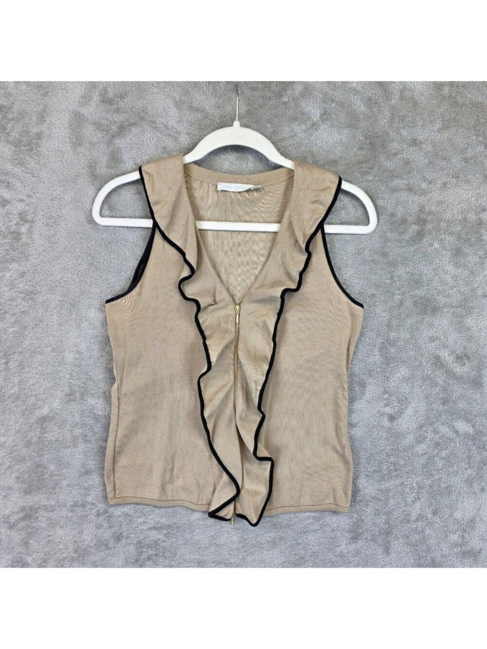 Anne Fontaine Blouse Womens 42 Beige V Neck Sleeveless Ruffle Zip Jersey Top